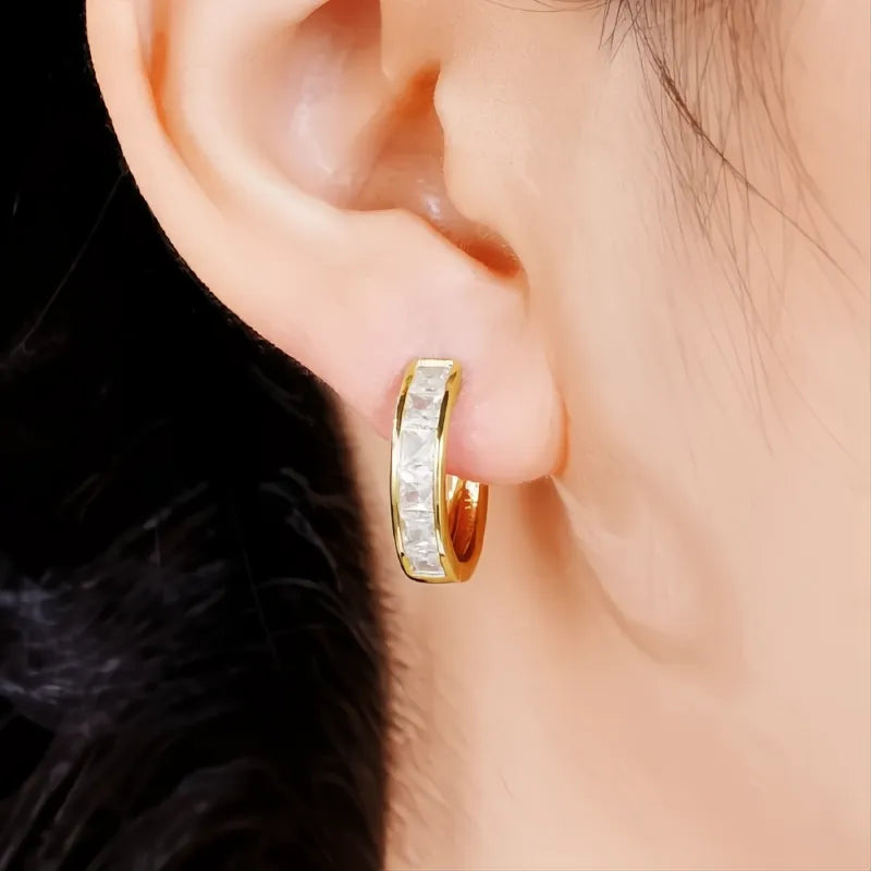 Classic Design Women Hoop Earrings with Princess Square Cubic Zirconia, Elegant Fashion Jewelry