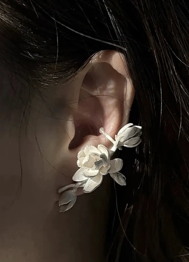 Vintage White Lily Copper Earrings Retro Plant Studs Jewelry Gift for Women