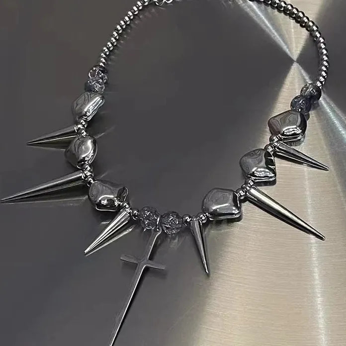 Stainless Steel Retro Y2K Long Spike Rivet Cross Necklace Hip Hop Jewelry