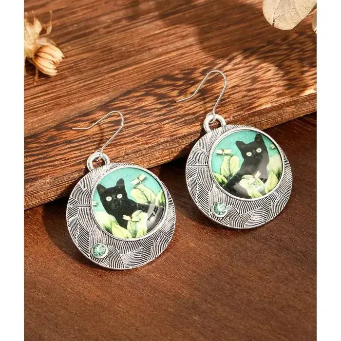 Vintage Round Black Cat Drop Earrings for Women Zinc Alloy Green Leaf Dangle