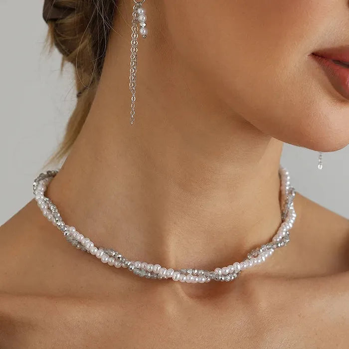 Vintage Pearl Crystal Drop Earrings and Necklace Set for Women Zinc Alloy