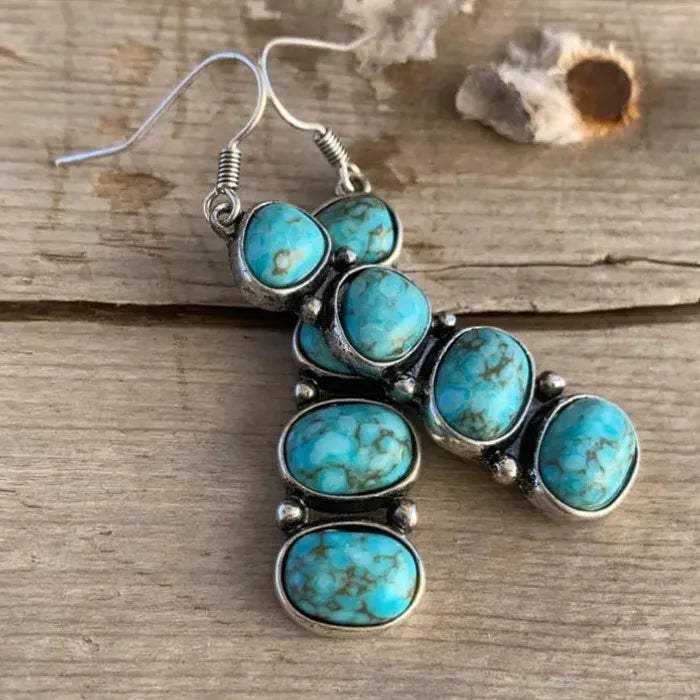 Bohemian Ethnic Oval Red Stone Drop Earrings for Women Zinc Alloy Silver Tone