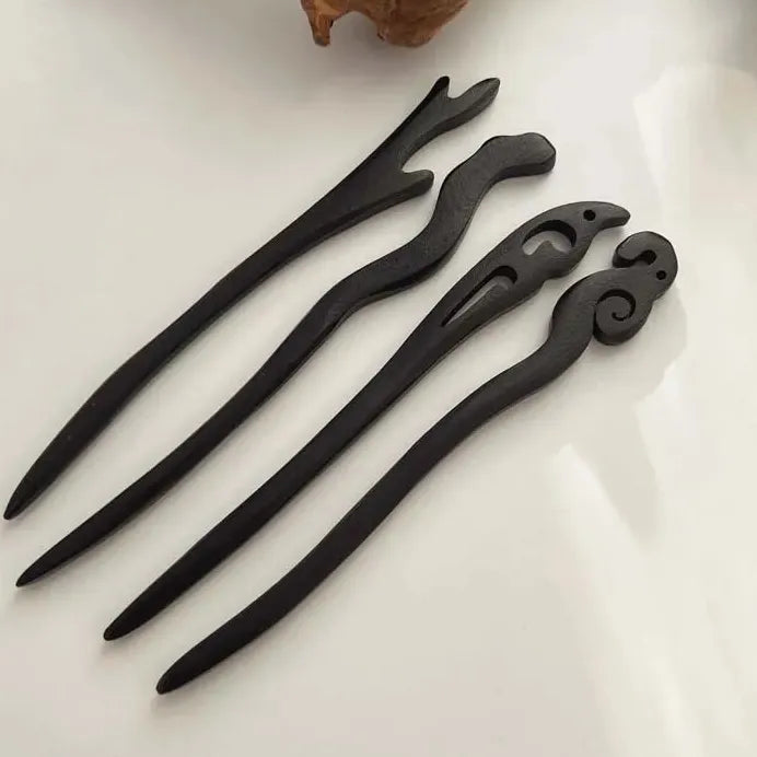 Carved Black Wooden Hair Sticks Traditional Chinese Hair Fork for Women