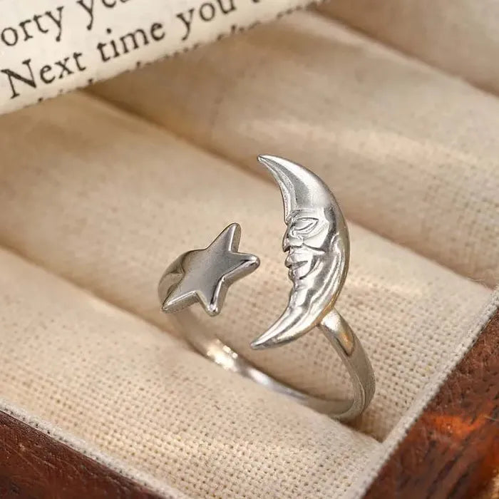 Adjustable Stainless Steel Moon Star Ring for Women Celestial Gift