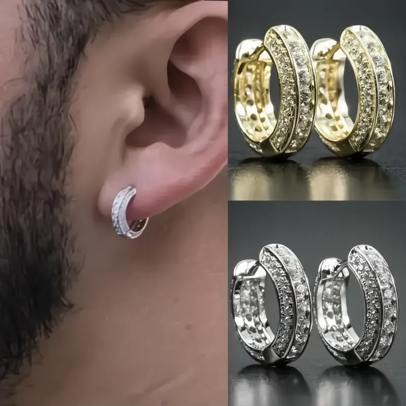 Men's Hip Hop Round Hoop Earrings Cubic Zirconia Crystal Fashion Trendy Jewelry Gift