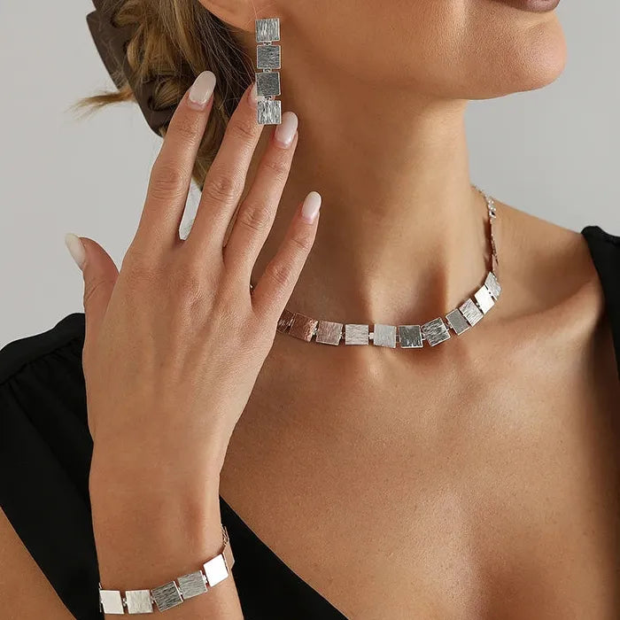 Vintage Square Metal Zinc Alloy Necklace Bracelet Earrings Set for Women