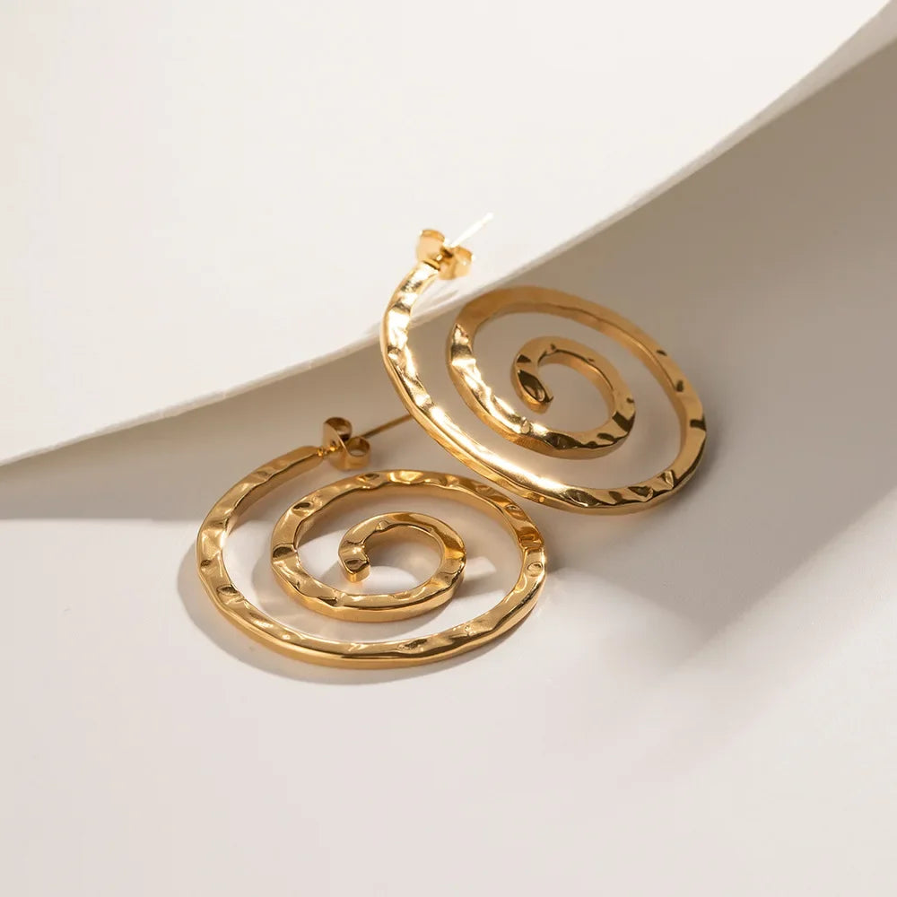 Waterproof 18K Gold Plated Metal Vortex Swirl Earrings Geometric Spiral Rings