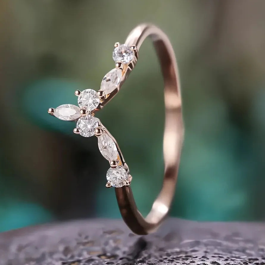V Design Women's Geometric Brass Ring with Shiny CZ, 3 Metal Colors