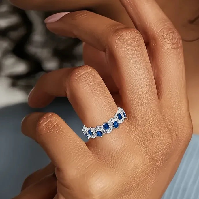 Silver Women Rings Blue White CZ Wedding Band Geometric Brass Jewelry