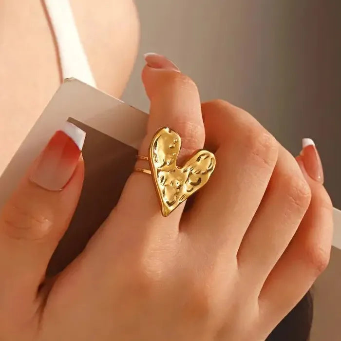 18K Gold Color Stainless Steel Heart Pattern Double Thin Ring Women Jewelry