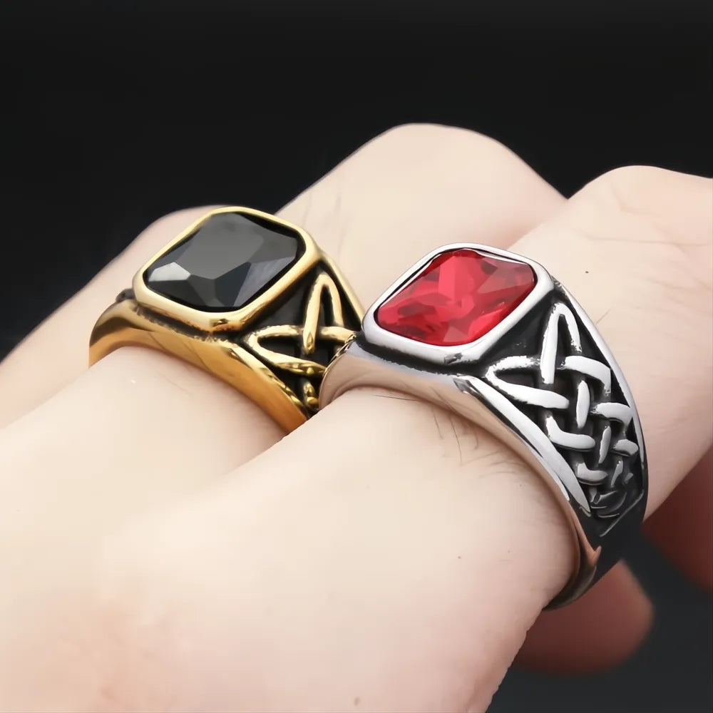 316L Stainless Steel Punk Vintage Red Stone Square Signet Ring Viking Nordic Unisex