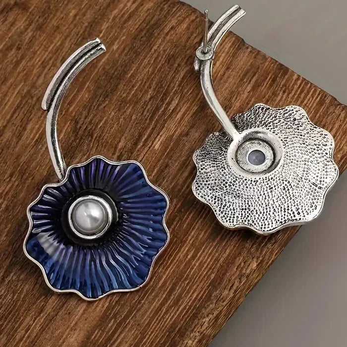 Retro Blue Flower Pearl Drop Earrings Zinc Alloy for Parties & Cocktails