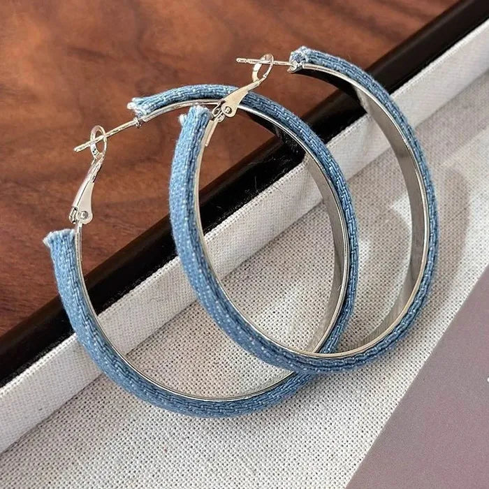 Vintage Blue Denim Zinc Alloy Round Hoop Earrings for Women Gift