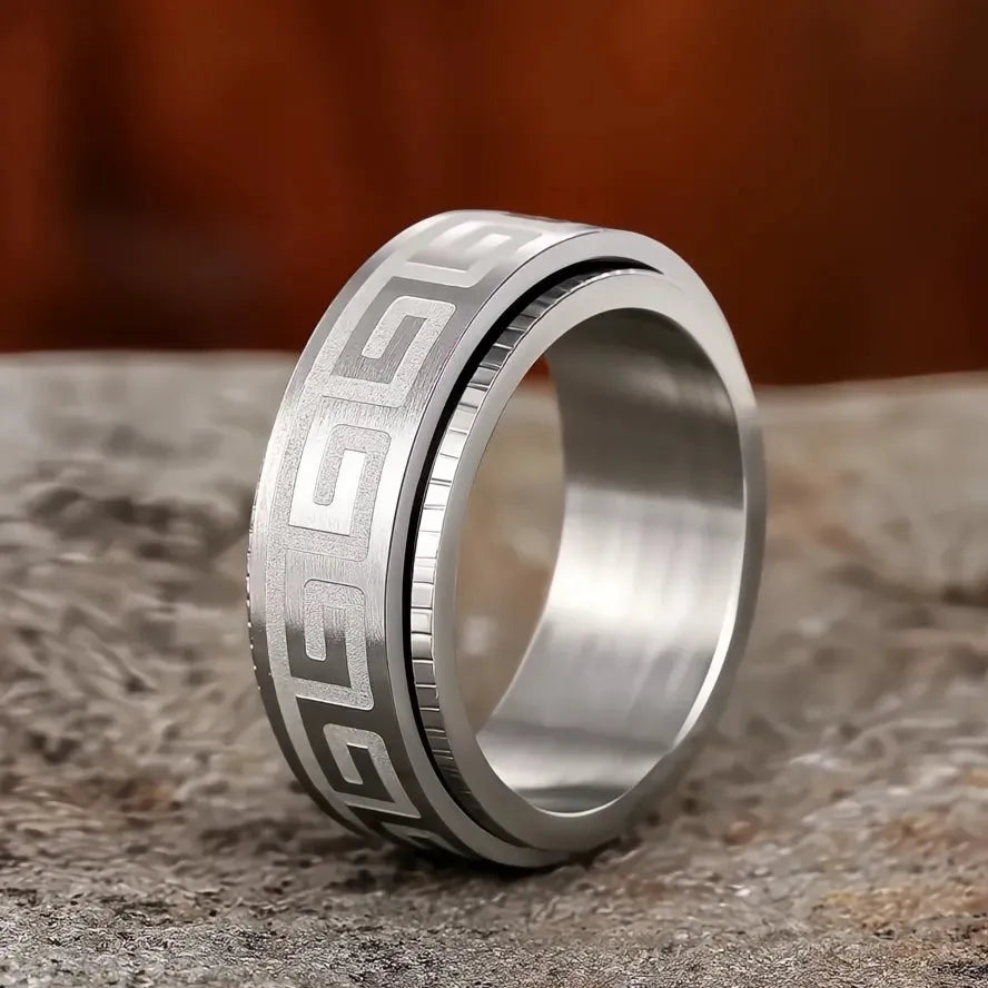 Simple Titanium Steel Couple Rings for Men Women Rotating Embossed Great Wall Pattern Fashion Jewelry Gifts
