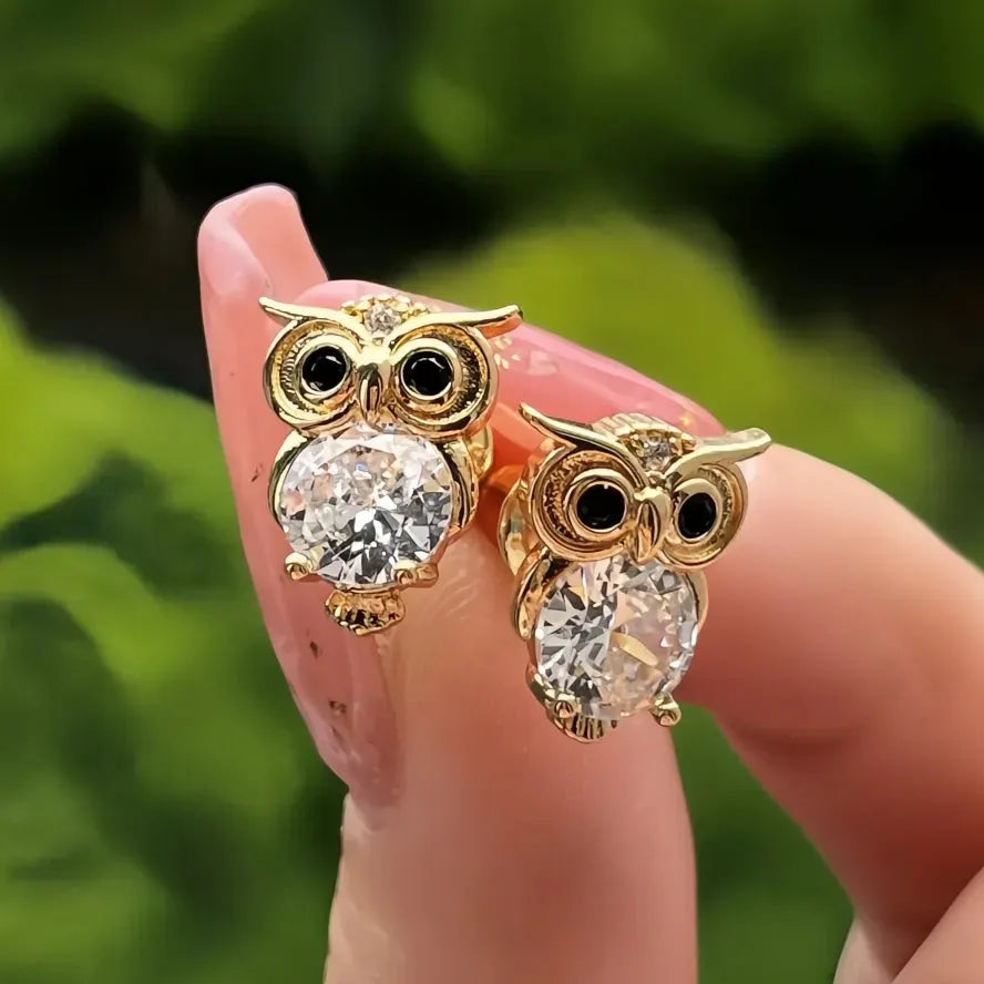 Gold Color Owl Stud Earrings Women Cubic Zirconia Night Owl Jewelry Cute Gift Party