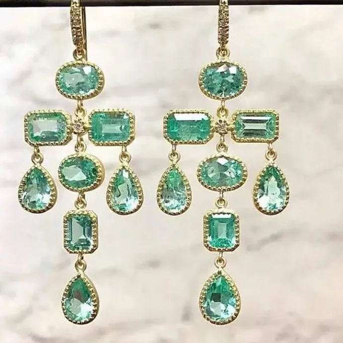 Tassel Long Drop Earrings Green Zircon Pendant Geometric Gold Jewelry Women Zinc Alloy