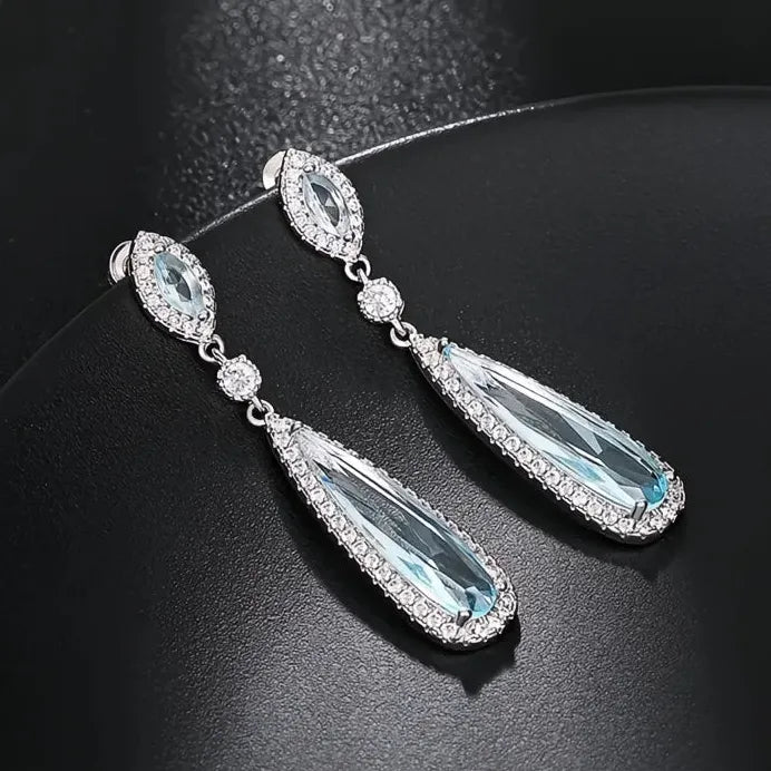 Light Blue Geometric Cubic Zirconia Dangle Earrings for Women Wedding