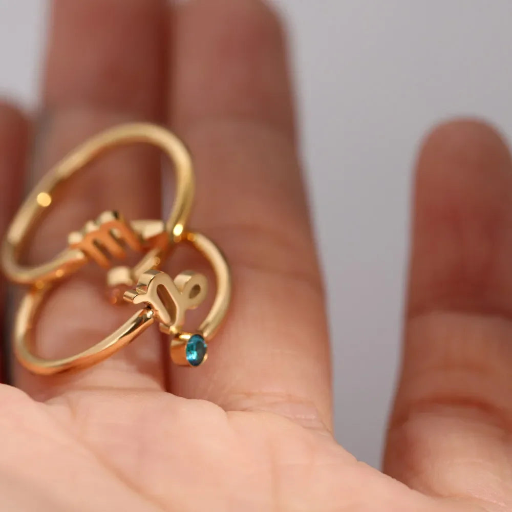 12 Constellation Symbol Adjustable 18K Gold Plated Zircon Knuckle Ring Gift