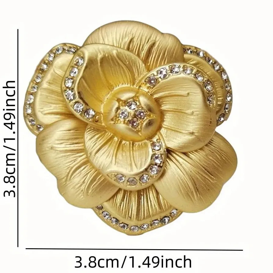 Vintage Gold Leaf Camellia Flower Brooch with Gemstone Pin for Women