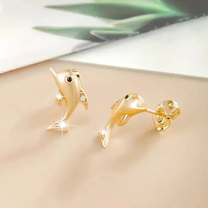 Gold Copper Metal Dolphin Stud Earrings for Women, High-Quality Jewelry Accessory