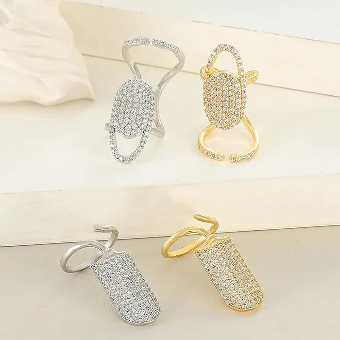 Adjustable Copper Inlaid Zircon Gold Plated Geometric Nail Ring for Women Party Jewelry