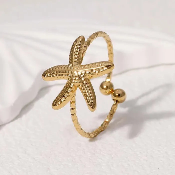 Adjustable Stainless Steel Gold Starfish Ring Vintage Beach Jewelry Women