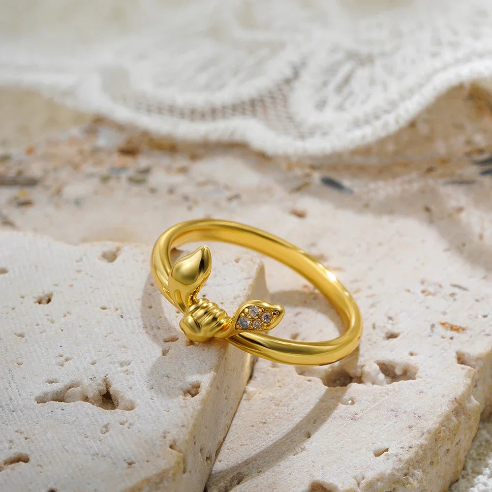 Creative Rabbit Ears Ring for Women Girls 18K Gold Plated Stainless Steel CZ Zircon Jewelry