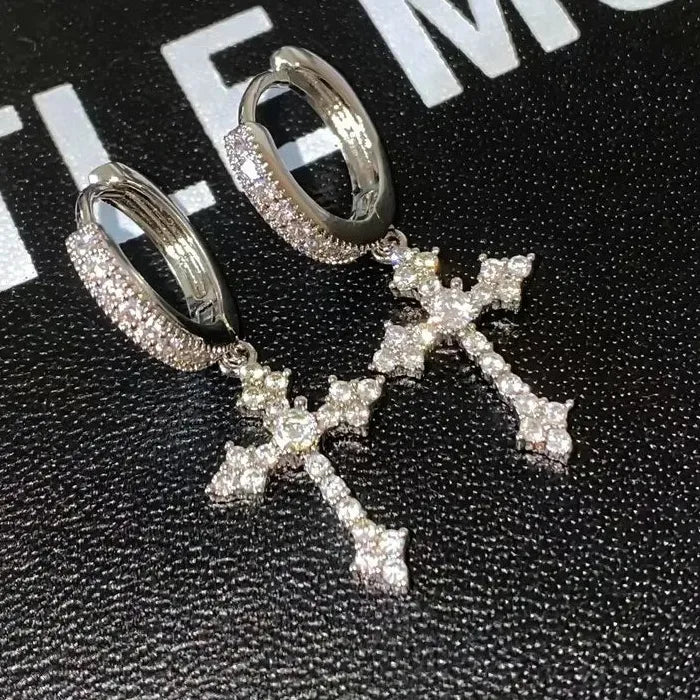 2Pcs Copper Cross Hoop Earrings for Men Women Rhinestone Jewelry