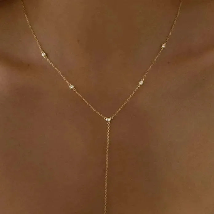 Gold Double Layered Y-Shaped Choker Necklace Featuring Crystal Tassel for Women