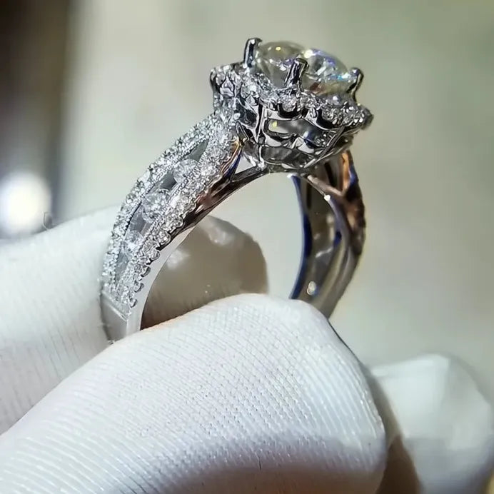 Aesthetic Flower Cubic Zirconia Silver Wedding Band Engagement Ring Women