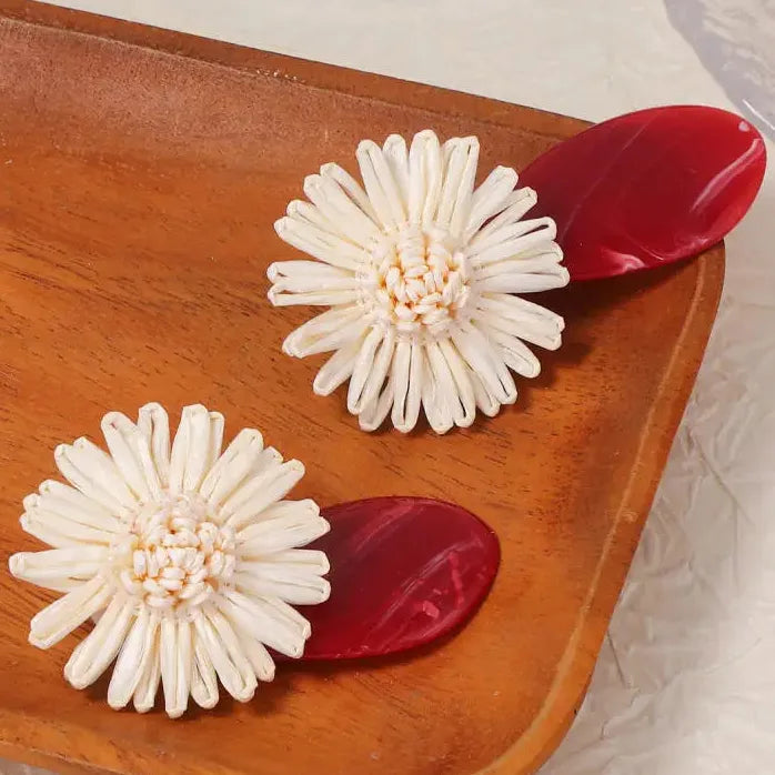 Red Geometric Acrylic Oval Drop Earrings Women Vintage Knitted White Flower Jewelry