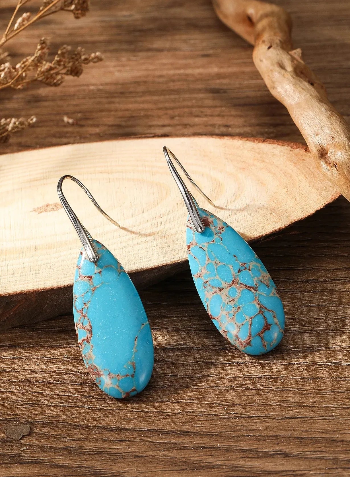 Boho Silver Teardrop Dangle Earrings with Red Jasper Natural Stone for Women
