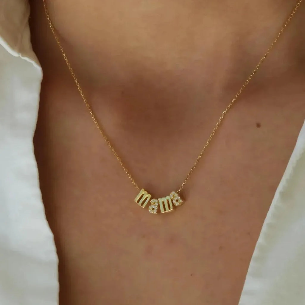 Mini Mama Letter Alphabet Zircon Stainless Steel 18K Gold Plated Necklace Choker Gift