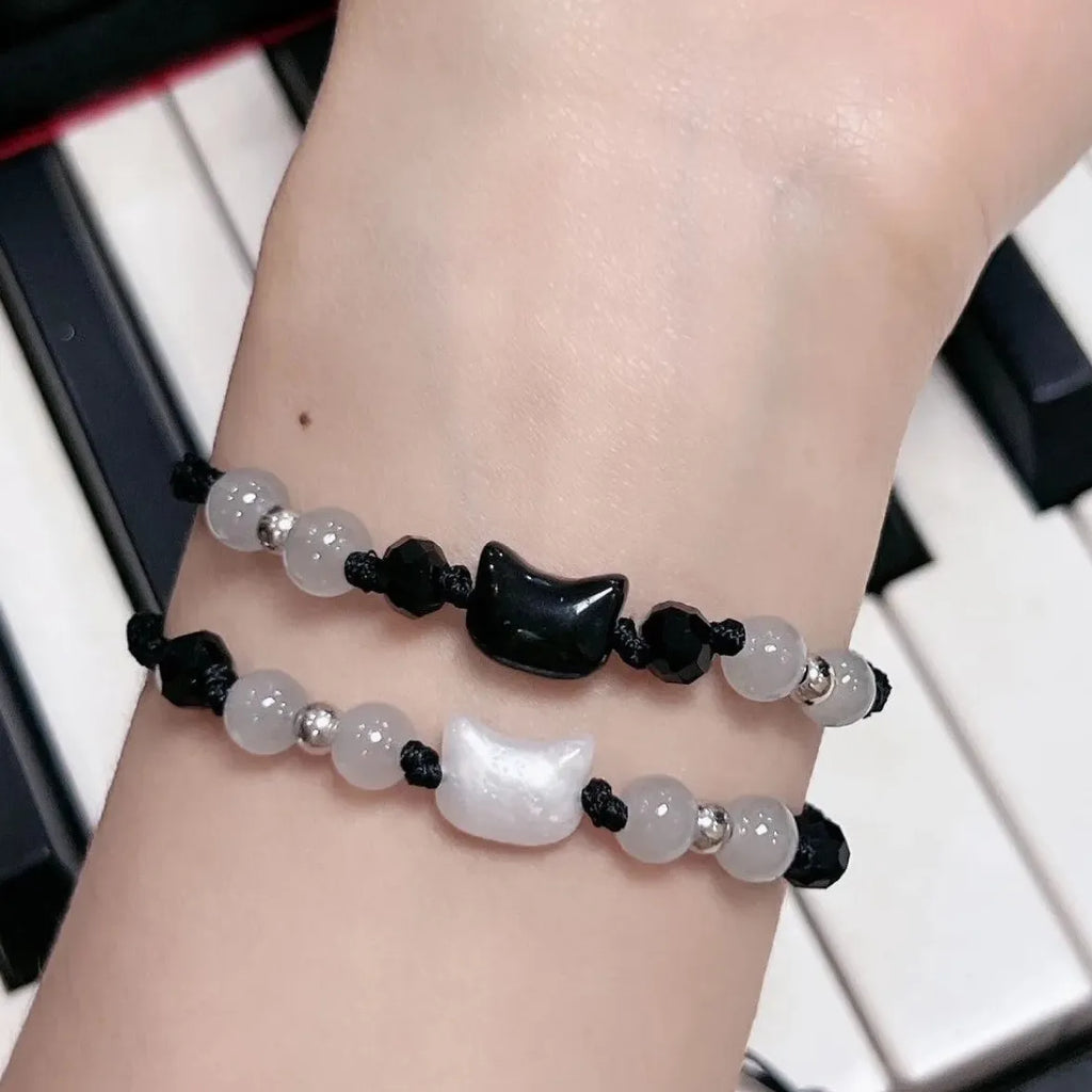 2Pcs Handmade Natural Moonstone Couple Bracelets Black White Cat Jewelry Gift