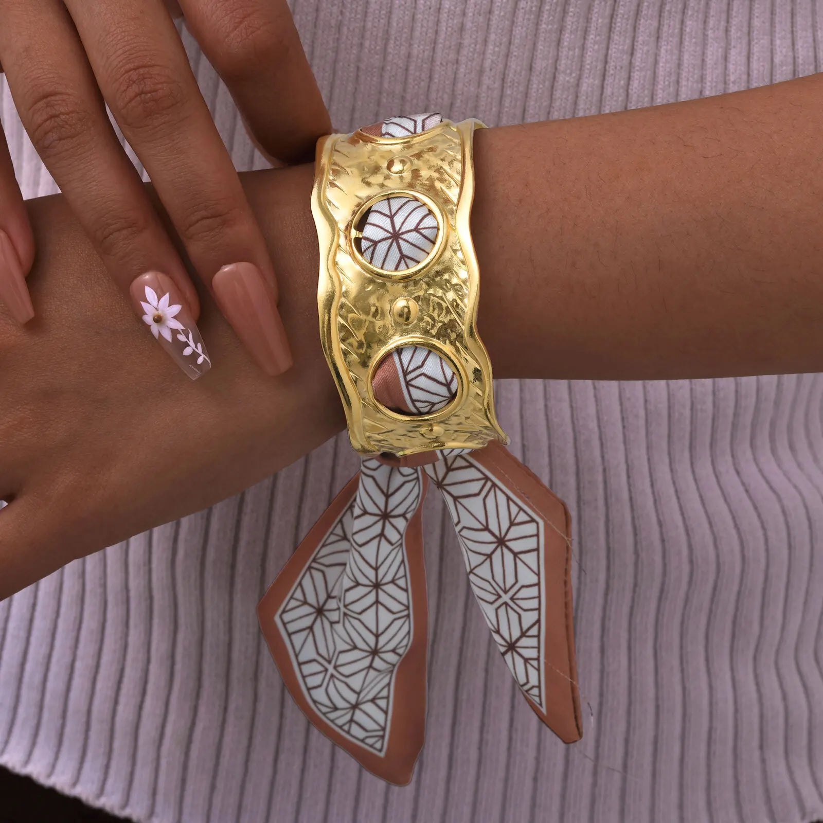 Exaggerated Stainless Steel Skeleton Open Bangle Bracelet with Silk Scarf