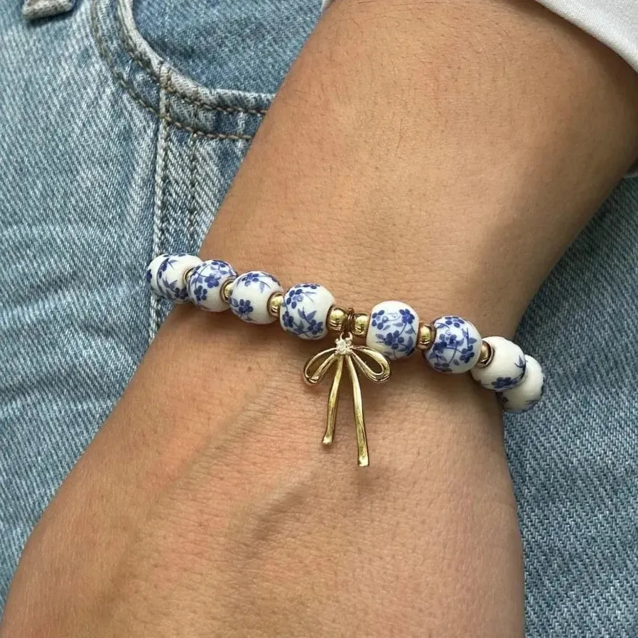 Blue White Porcelain Bead Bracelet Bowknot Charm Elastic Cord Copper Gift Jewelry
