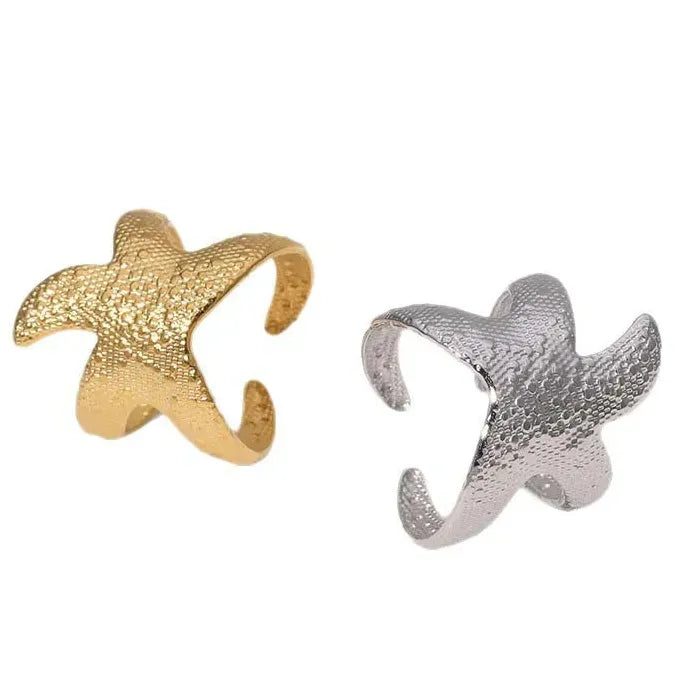 Adjustable Gold Stainless Steel Starfish Ring for Women Beach Jewelry
