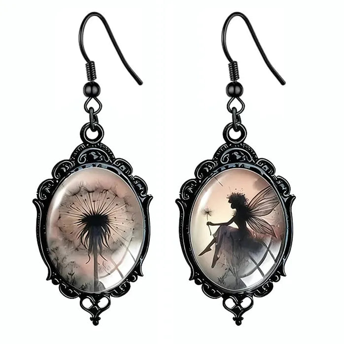 Asymmetric Black Dandelion Elf Fairy Gothic Oval Glass Zinc Alloy Earrings