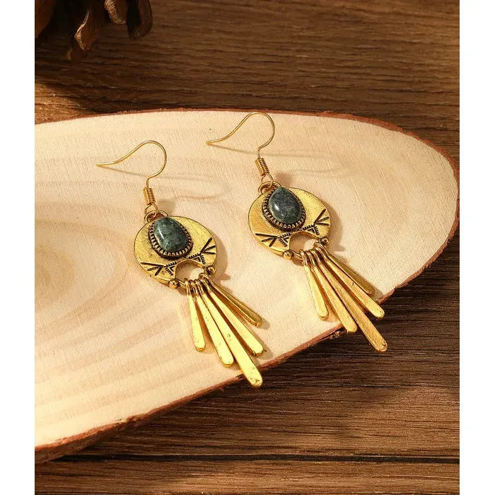 Elegant Retro Bohemian Tassel Earrings Imitation Turquoise Semi-Precious Jewelry