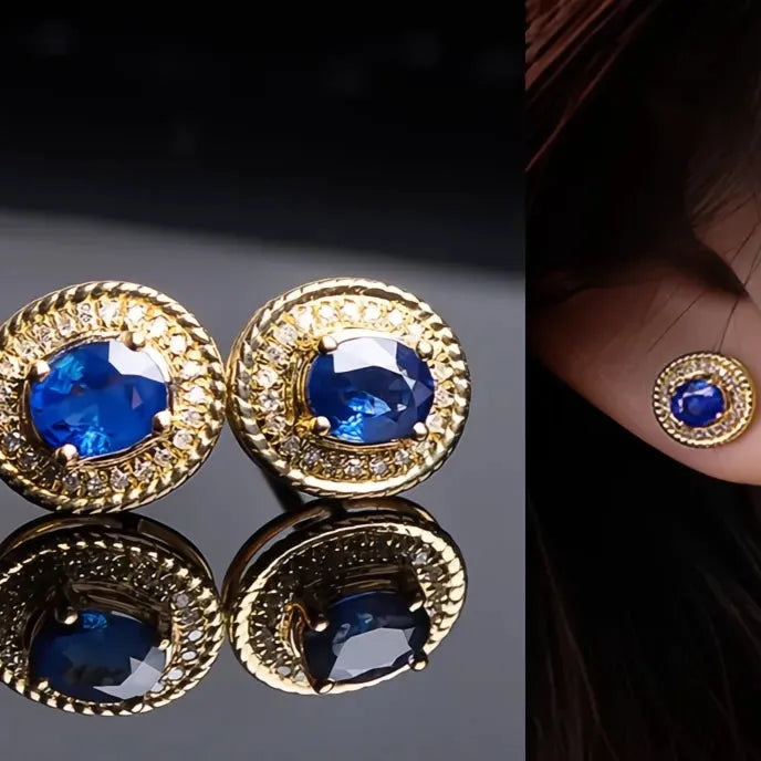 Gold Color Blue Cubic Zirconia Geometric Stud Earrings for Women Fashion Jewelry Gift