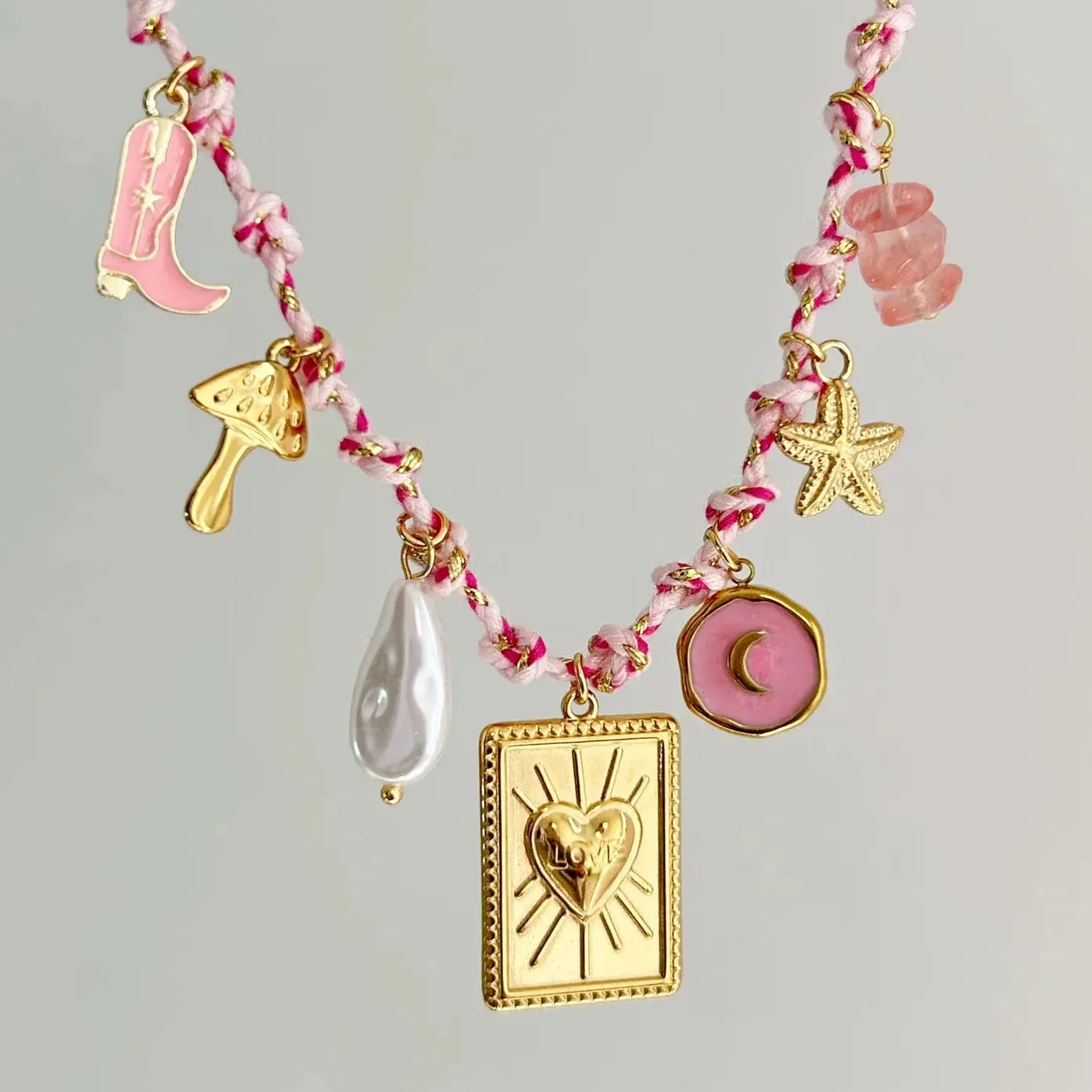 Stainless Steel Gold-Plated Starfish Turtle Knotting Rope Pendant Necklace