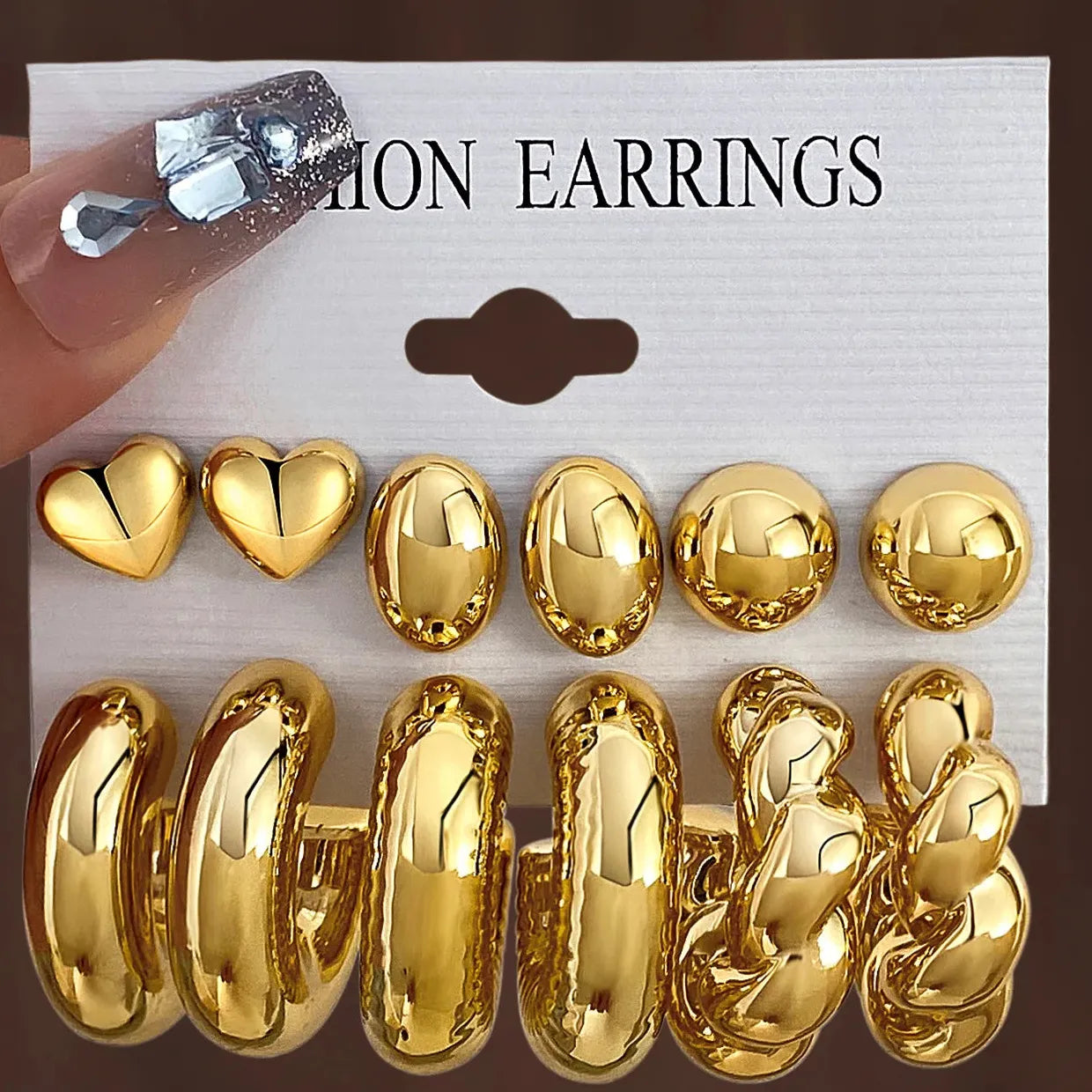 12Pcs Vintage Gold Geometric Water Drop C-Earrings Tungsten Zinc Alloy