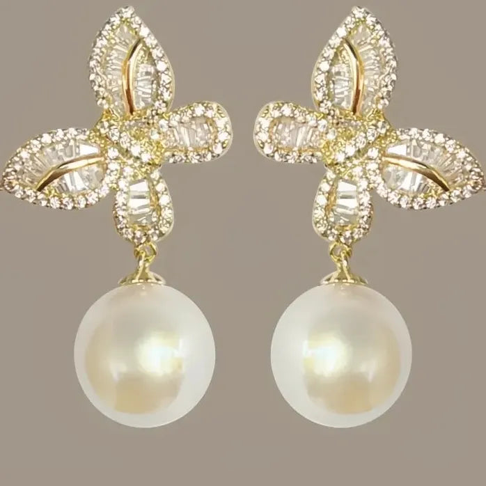 Butterfly Drop Earrings with Imitation Pearl & Sparkling CZ, Brass Jewelry