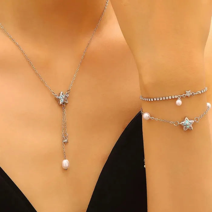 Zinc Alloy Star Zircon Stud Earrings with Bow Pearl Necklace & Bracelet Set