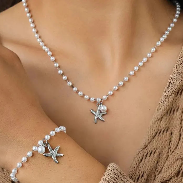 Stainless Steel Starfish Pearl Pendant Necklace Set for Women Gold Chain Gift