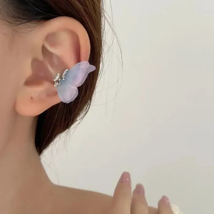 Blue Tulle Butterfly Clip-On Earrings for Women No Piercing Fashion Jewelry