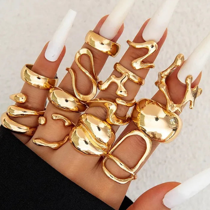 15Pcs Metal Lava Irregular Open Rings Set for Women Gothic Party Jewelry