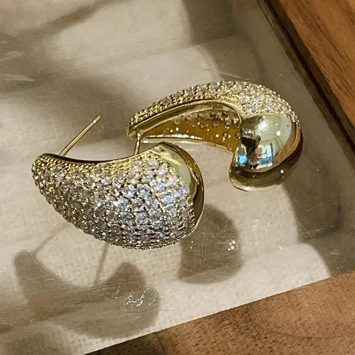 Gold Plated Chunky Dome Water Drop Earrings with Zircon for Women