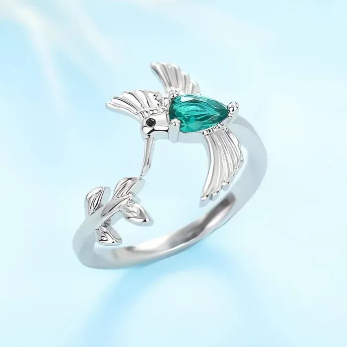 Brass Bird Cocktail Ring with Green CZ for Women Fashion Party Jewelry
