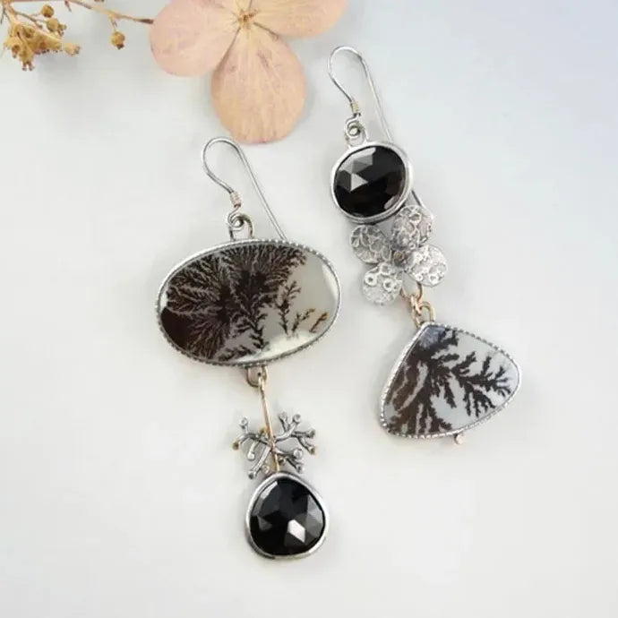Vintage Asymmetrical Water Drop Flower Earrings Black Stone Zinc Alloy Metal